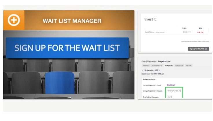 The Event Espresso Wait Lists Addon maximizes event sales by allowing attendees to partially register for a datetime or ticket that has sold out