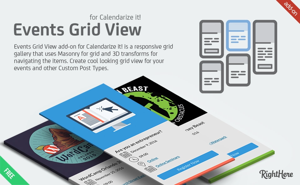 Enhance your WordPress site with Events Grid View for Calendarize it! Responsive design  Masonry layout make showcasing events eye-catching. Sign up now!