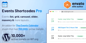 The Events Calendar Shortcode and Templates Pro plugin provide premium event listing design templates  shortcode generator facility for The Events Calendar Free Plugin (by Modern Tribe).