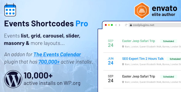 The Events Calendar Shortcode and Templates Pro plugin provide premium event listing design templates  shortcode generator facility for The Events Calendar Free Plugin (by Modern Tribe).