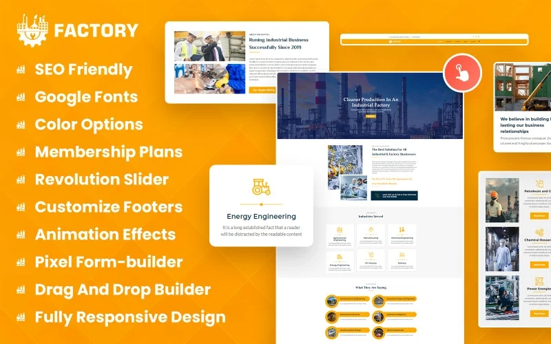 Factory - Industrial Business WordPress Theme is keenly developed to give an insight into your Industrial venture. You can proudly flaunt the establishments in giving Solutions to the Industrial businesses. It can be a boon to industries working in the field of Agriculture