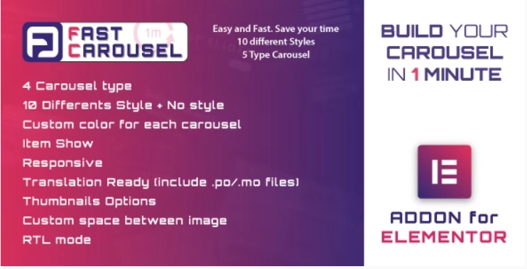 With Fast Carousel for Elementor plugin you can build your carousel in 1 minute. It requires Elementor plugin installed in your website.