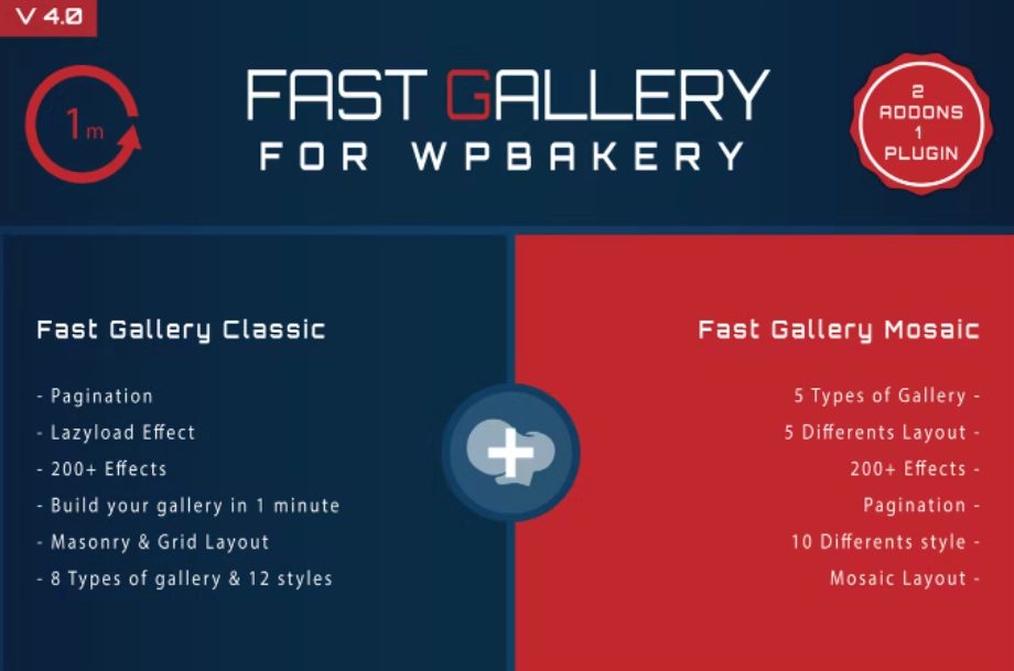 Welcome to Fast Gallery for WPBakery. With this awesome plugin you can build your gallery in 1 minute using WPBakery. In this plugin are included 2 addons. Fast Gallery and Fast Gallery Mosaic