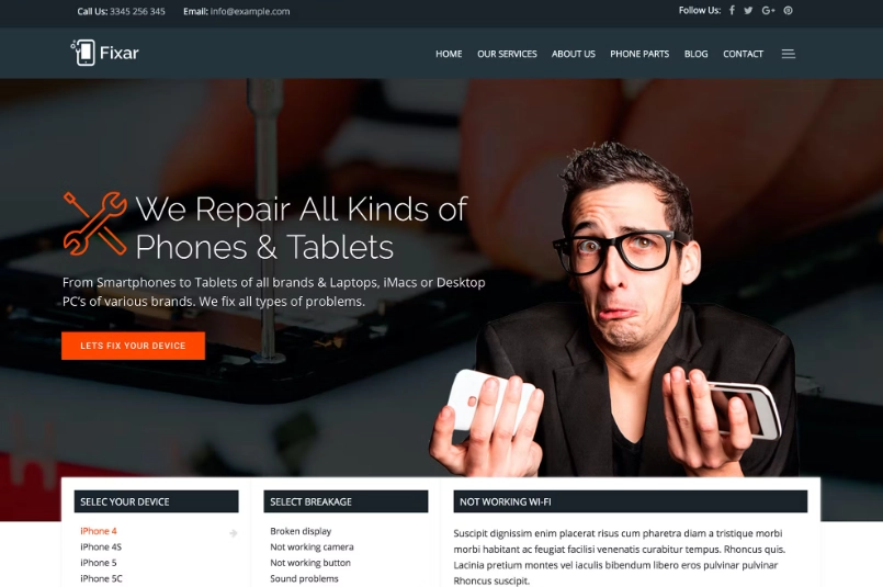 Fixar phone repair and computer repair WordPress theme dedicated to repair of electrical smartphones