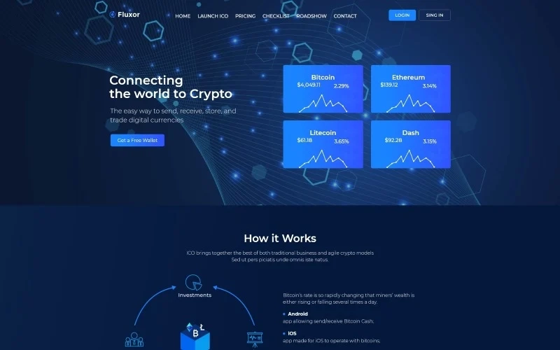 Create a professional website presenting cryptocurrency services using Fluxor. You will be able to inform people about the latest news of crypto world and the easy way to send