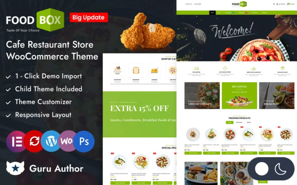 Discover Food Box - a stunning Elementor WooCommerce theme designed for restaurants and cafes. Enjoy responsive design