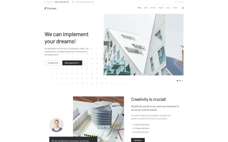 Your architecture bureau will become more popular and competitive thanks to Furmex theme. You will be able to create an advanced website dedicated to construction topic easily and quickly. With Furmex you will inform visitors about your services