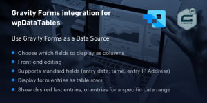 This plugin is an add-on that builds a bridge between the wpDataTables plugin which renders awesome interactive responsive tables and charts and Gravity Forms advanced form builder. The form entries will be rendered as rows