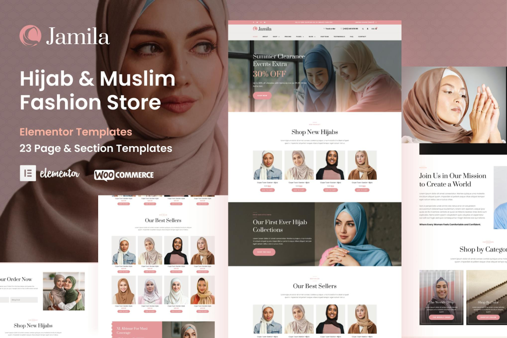 Jamila is an Elementor Pro Template Kit for E-Commerce built in WooCommerce and WordPress. The template kit comes with 23 templates meticulously curated to embody the essence of hijab and fashion for muslims