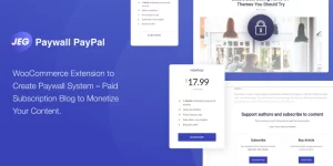 Jeg PayPal Paywall  Content Subscriptions System - WooCommerce Extension WordPress Plugin Quick and easy way to boost your revenue. Restrict access to your premium content and monetize it via paid subscriptions. Jeg PayPal Paywall - WooCommerce Extension gives you ability to reach customers from all over the world with…