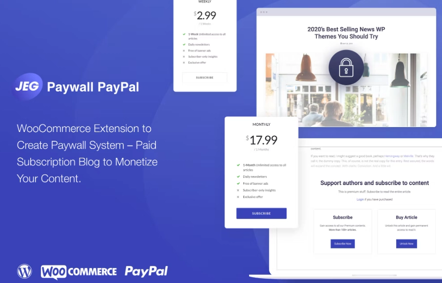 Jeg PayPal Paywall  Content Subscriptions System - WooCommerce Extension WordPress Plugin Quick and easy way to boost your revenue. Restrict access to your premium content and monetize it via paid subscriptions. Jeg PayPal Paywall - WooCommerce Extension gives you ability to reach customers from all over the world with…