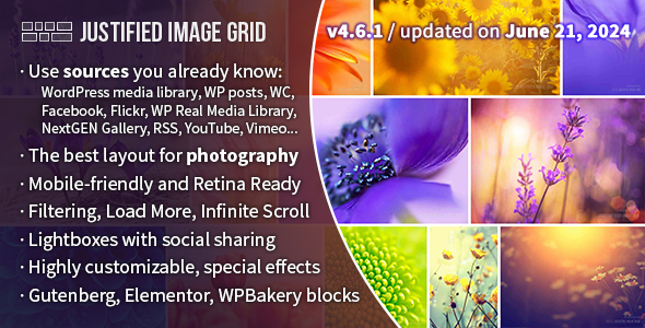 Justified Image Grid - Premium WordPress Gallery: A Must-Have for Stunning Visuals The Justified Image Grid - Premium WordPress Gallery is a fantastic tool designed to enhance your website with visually appealing image galleries. Built for WordPress