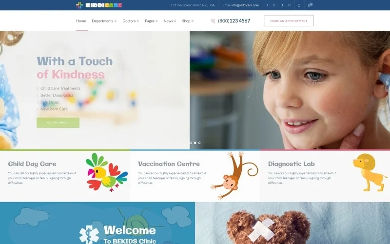 KiddiCare WordPress template is a perfect solution for a pediatric clinic. It is simple to use and user-friendly