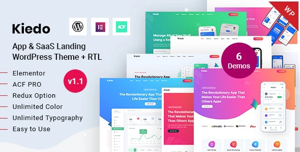 Kiedo is a Modern WordPress theme purposely designed and built for Apps  Software Landing website! It is created with Elementor