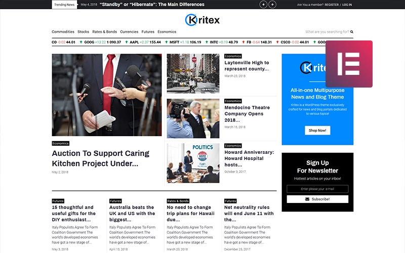 Create a website dedicated corporate news using Kritex Blog theme. You will be able to inform about different aspects of corporate life in a blog format. This theme has a modern design and powerful functionality. There is Jet plugins toolset for Elementor page builder