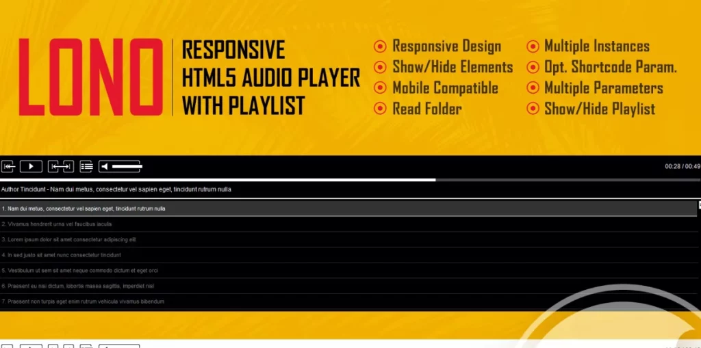 You can use this plugin as a complete html5 audio player with playlist or as a slick audio player without playlist