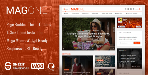 MagOne is a Responsive WordPress theme for Magazines