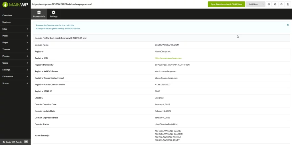 The MainWP Domain Monitor Extension is used to automatically check Domains or your Child Sites. It checks for the expiration date and notifies you via customizable email if any of your domains are about to expire.