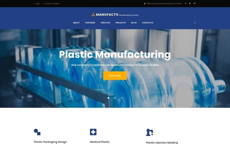 The theme for plastic products manufacturing company is designed in bluish hues. Clean accurate layout will surely help a composites and polymer materials manufacturer create a solid