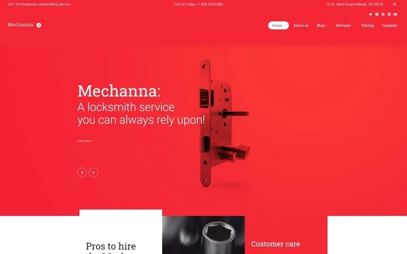 Mechanna is a responsive Locksmith WordPress Theme with a masculine look powered by the abundance of red elements