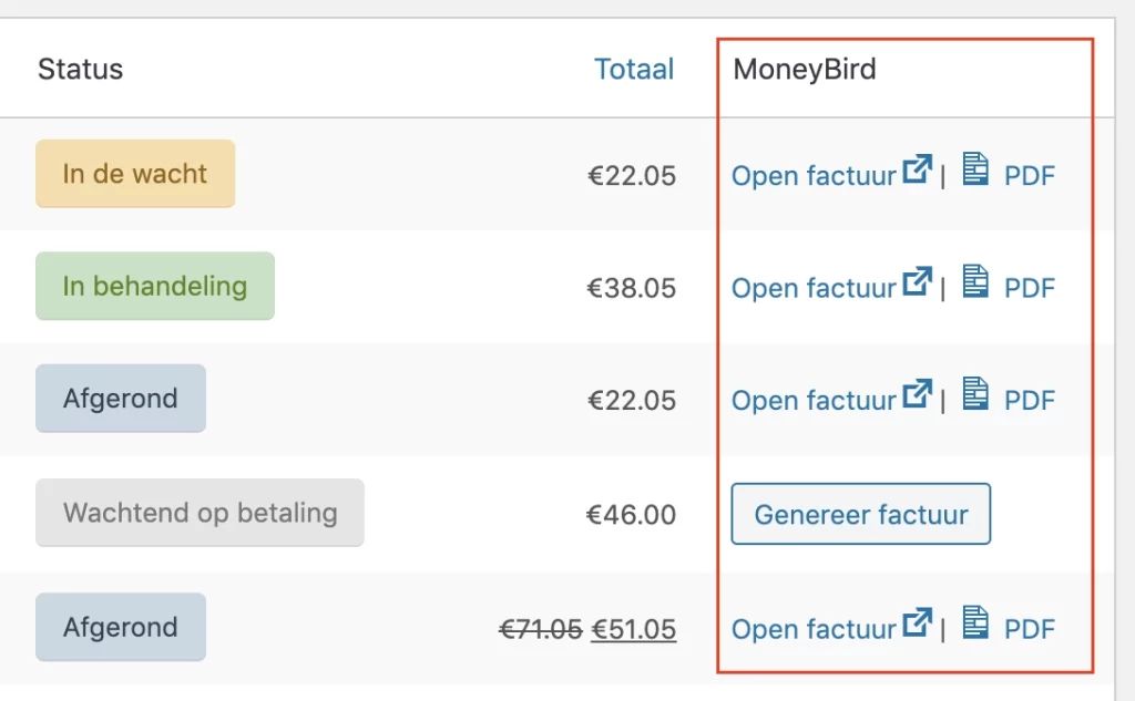 Automatically create Moneybird invoices for WooCommerce orders. Configure via WooCommerce settings → Integration.