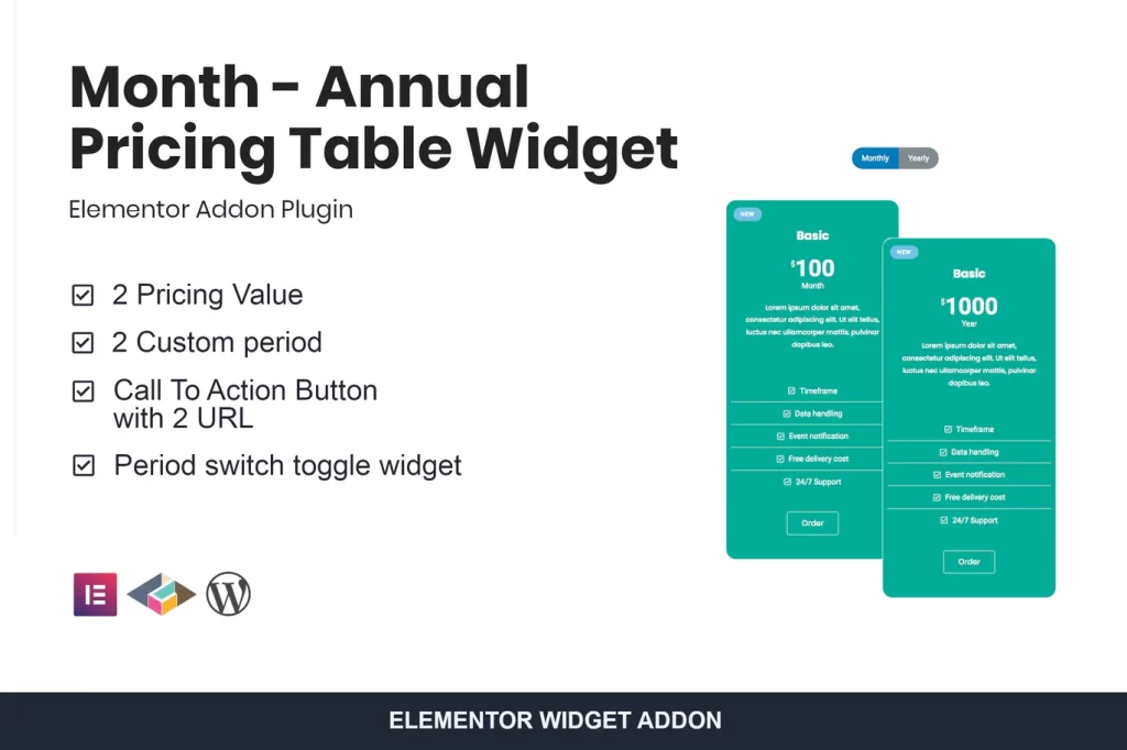 Get the "Month  Annual Pricing Table Widget for Elementor" to easily create dynamic pricing tables on your WordPress site. Enjoy customizable layouts