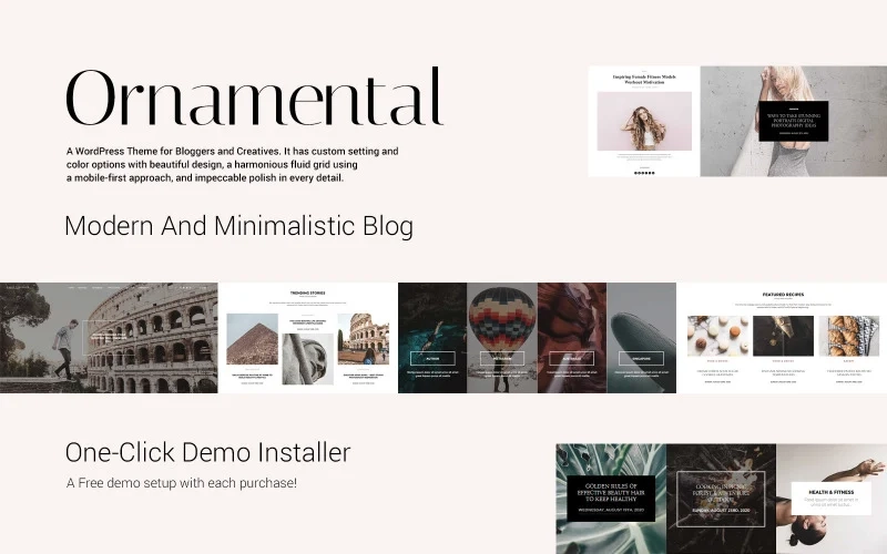 ORNAMENTAL! is a new generation multi-concept WordPress personal blog theme. SUITABLE FOR ANY GENRE like fashion