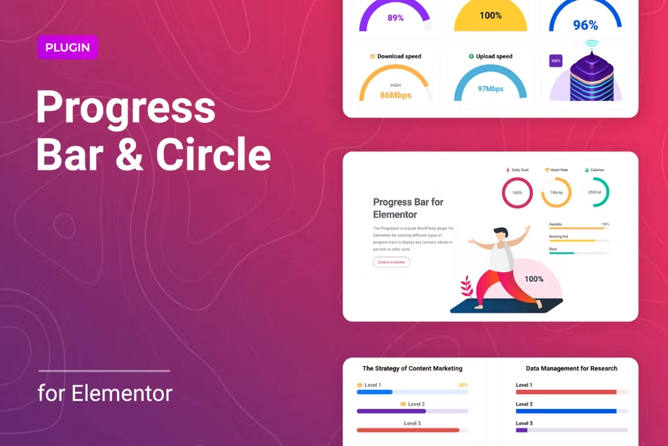 The Progresser is a great WordPress plugin for Elementor for creating different types of progress bars to display any numeric values in percent or other units. These can be line