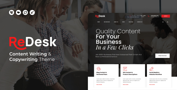 ‘ReDesk’ is a theme for Content Writing  Copywriting Services. With its rich features