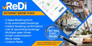 ReDi Restaurant Booking plugin allows you to easily manage reservations for your restaurant business. Plugin allows you to manage reservations for your restaurant business. This plugin can help to receive reservations from clients online. Your clients will be able to see available space at specified time