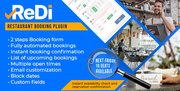 ReDi Restaurant Booking plugin allows you to easily manage reservations for your restaurant business. Plugin allows you to manage reservations for your restaurant business. This plugin can help to receive reservations from clients online. Your clients will be able to see available space at specified time