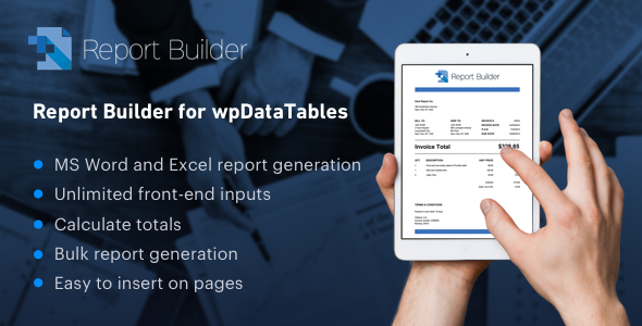 Report Builder is an add-on for wpDataTables that instantly creates documents and spreadsheets filling your templates with actual data. Please note that Report Builder is an add-on for wpDataTables and requires its FULL version to run!