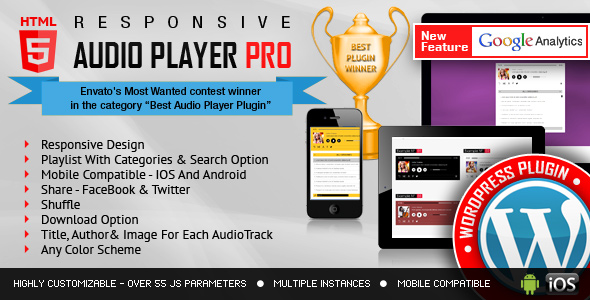 Enhance your website with the Responsive HTML5 Audio Player Pro WordPress Plugin! Enjoy seamless integration