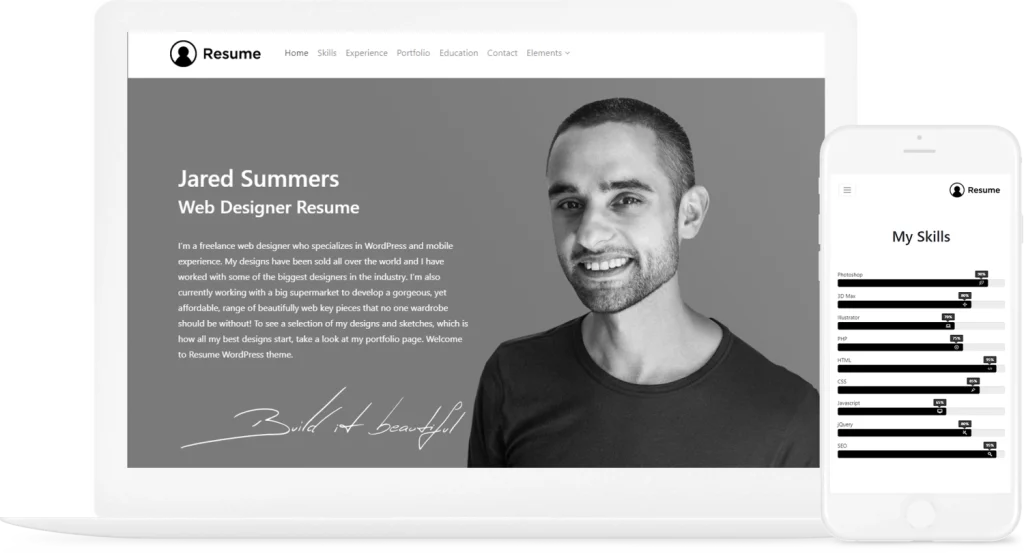 Resume WordPress theme is an easily customizable responsive CV/resume/v-card/portfolio theme made with bootstrap 4. Its unique and modern design with easy navigation. The one-page layout helps you effortlessly organize and beautifully illustrate your skills