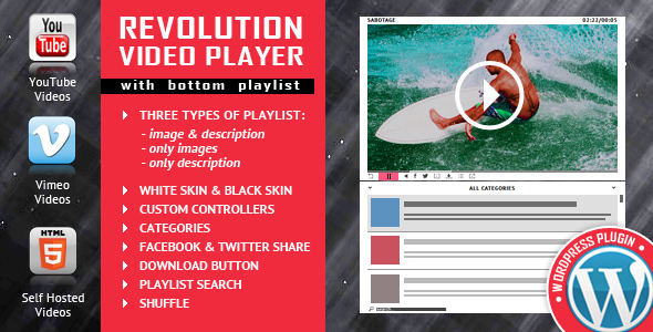 Enhance your WordPress site with the Revolution Video Player With Bottom Playlist. Seamlessly integrates YouTube