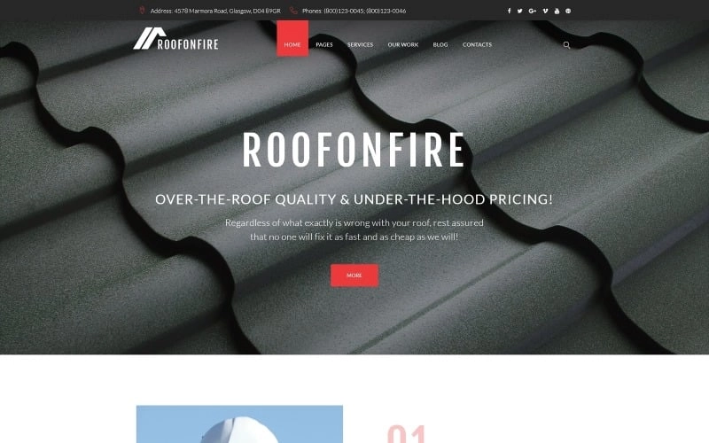 RoofOnFire is a fully editable and crossbrowser compatible roofing services WordPress theme with a clean and captivating design