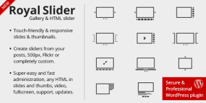Royal Slider for WordPress is a responsive image gallery and HTML content slider plugin with touch swipe navigation. The plugin is mobile-friendly and allows creating completely custom slideshows and css3 banner rotators with images