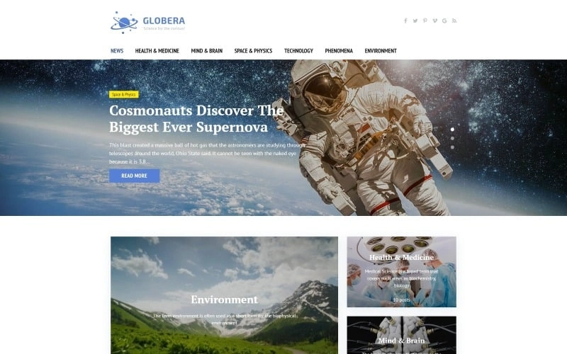 Globera is a blog-centric responsive Science Magazine WordPress theme designed to power online magazines with complex content structure. In this theme the basic blog functionality closely intertwines with social media and email marketing via various forms