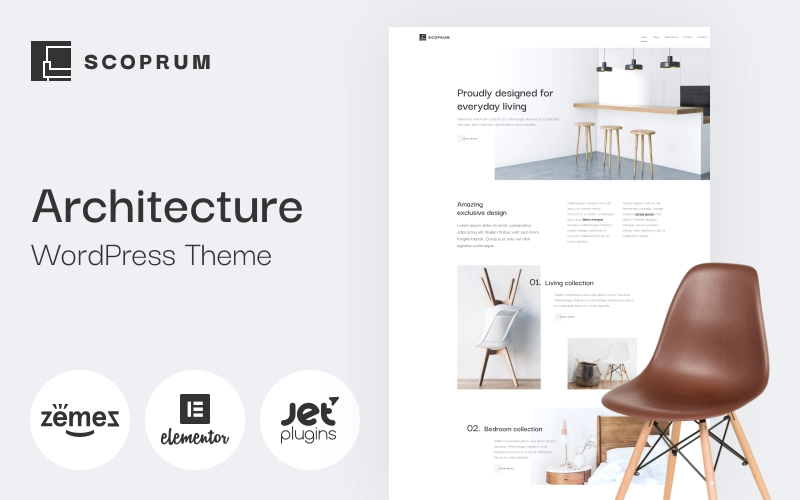 Scoprum furniture design WordPress theme is a simple and well-built template. Scoprum is ideal for modern studios and helps to show non-typical interior designs. Thanks to minimalistic looks