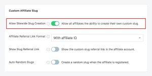 You can offer your affiliates the ability to set a custom slug from their account page. If your affiliates set their slug