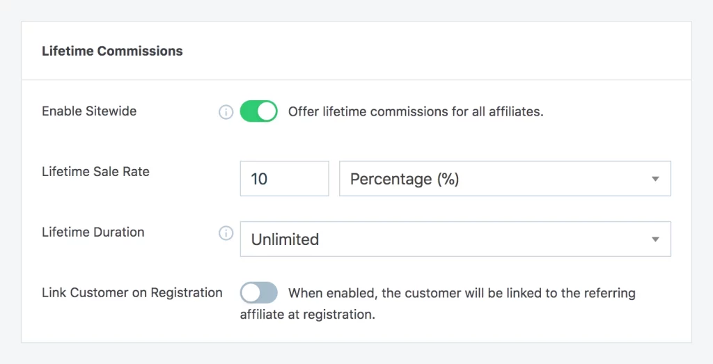 The lifetime commissions add-on links a customer to an affiliate during the checkout process. Once the two are linked