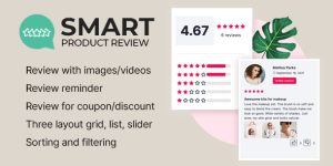 Smart Product Review is an All in One review pack for your WooCommerce store. It lets you add customers’ reviews and ratings with images and videos with ajax review submission and pagination. There are three different layouts (Grid