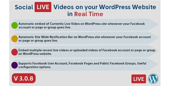 Automatically embed live videos of your Facebook Account/Page/Group on your wordpress site whenever your Facebook Account/Page/Group goes live on Facebook. The plugin detects if your Facebook Account/Page/Group is currently live and embeds the live video automatically. Also has the ability to embed previously recorded live videos and uploaded videos. Also…