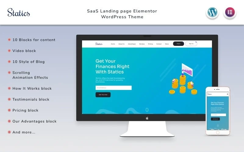 Statics is a template for startups and companies that do business on software and saas products. It has everything you need to create an original website. It's a Wordpress theme designed with Elementor