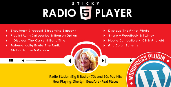 This Sticky HTML5 Radio Player has support for ShoutCast and IceCast radio streams and comes with a complex playlist with categories and search. Just add the radio stream and the player will get radio name