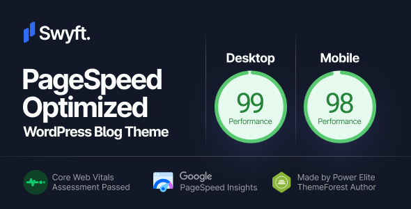 Discover the Swyft PageSpeed Optimized WordPress Blog Theme. Boost your blog's speed  style with fast loading times  modern design. Available on Bevaultx.