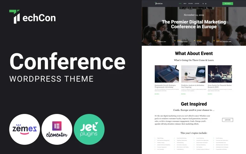 TechCon theme is a perfect option for presenting a digital marketing conference in the most engaging way. This theme includes pre-made Home