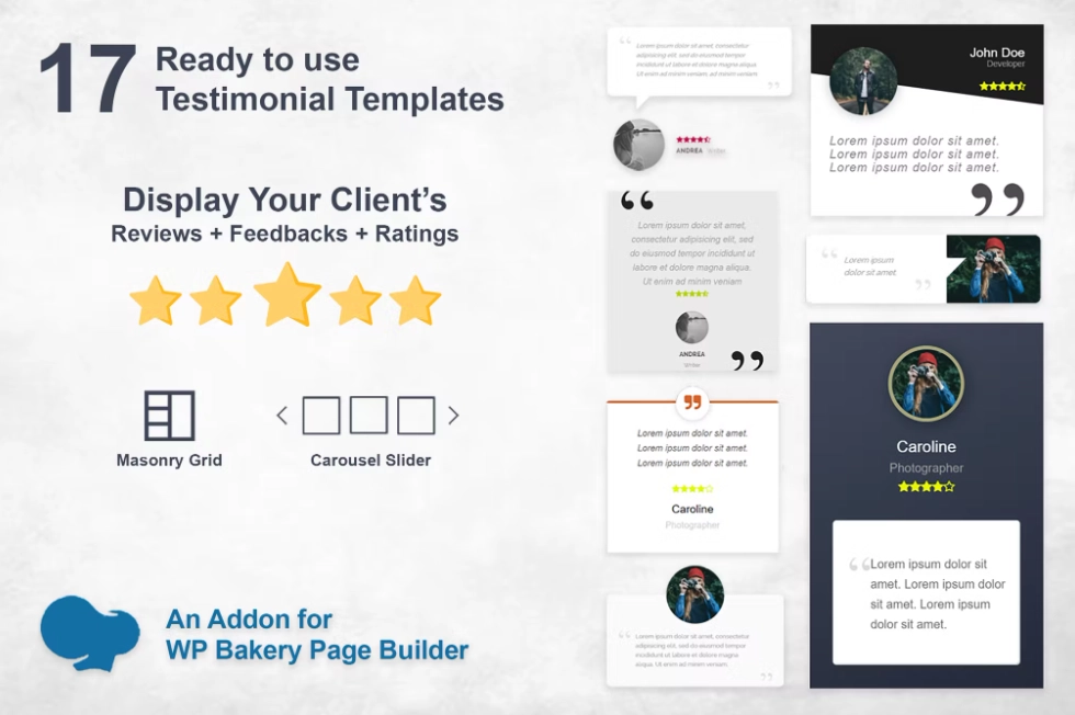 Testimonials Slider and Grid addon will let you display client feedback