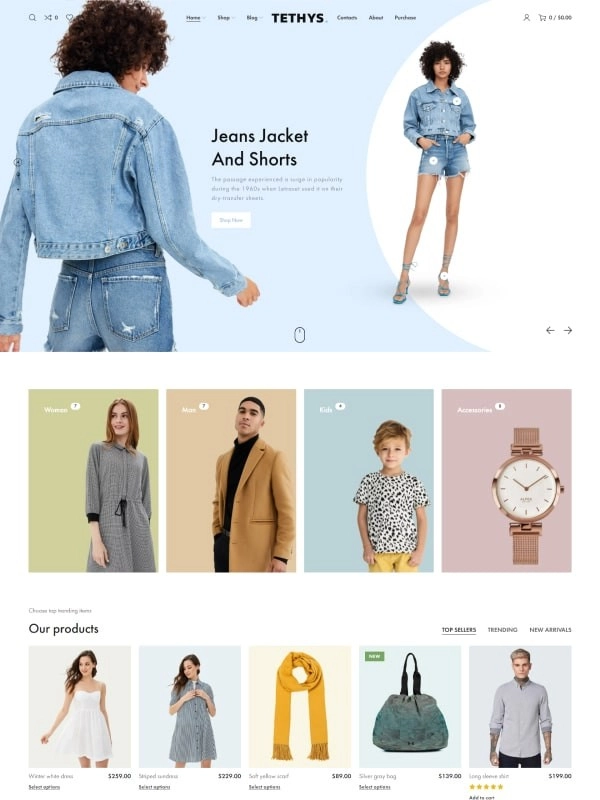 Tethys is a premium eCommerce theme built with advanced WooCommerce and Elementor integration. You can create any kind of fashion