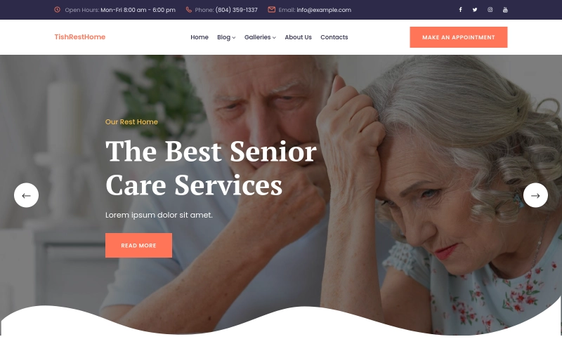 TishRestHome is a WordPress theme designed for Rest Home and Senior Care Services websites designed in white